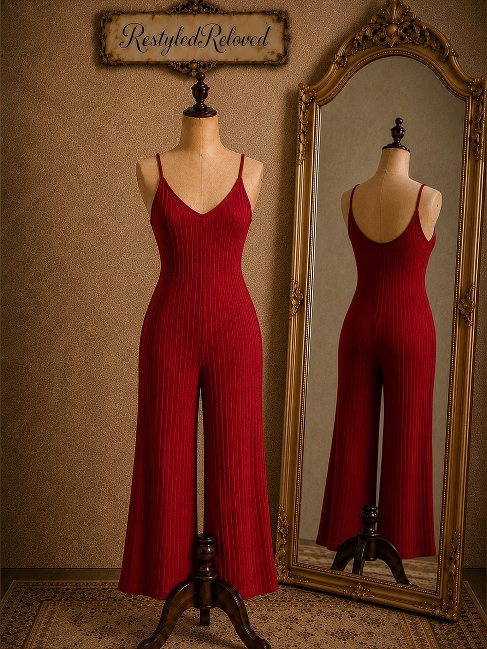 Yes Fashion Wine Red Ribbed Wide-Leg Jumpsuit | Adjustable Straps | Pockets